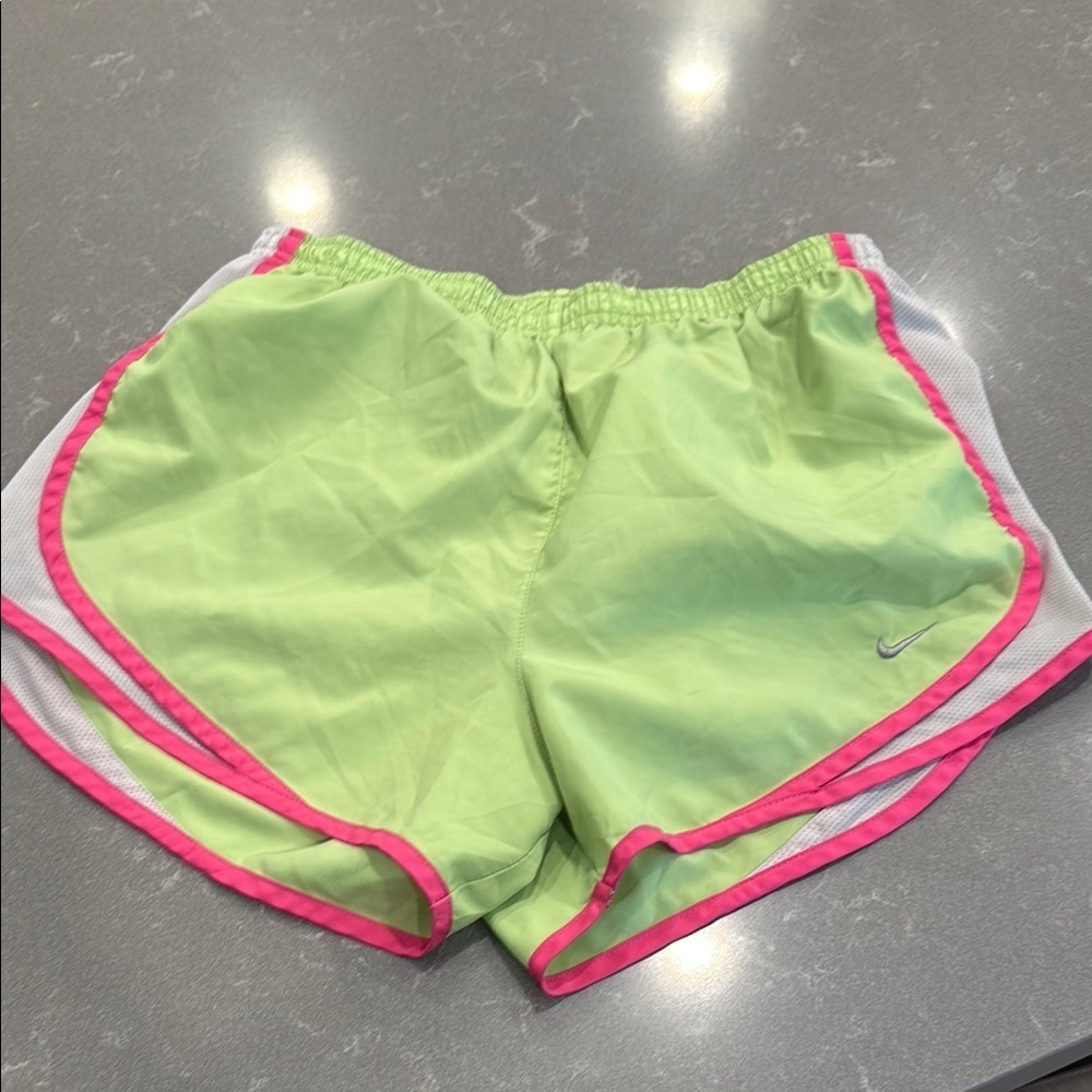 Nike Women's Lime Green Athletic Shorts with Pink Trim
